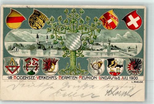 88131 W8990 Lindau Bodensee 1900 Lithographie Wappen Bodensee Beamten-Reunion 1900