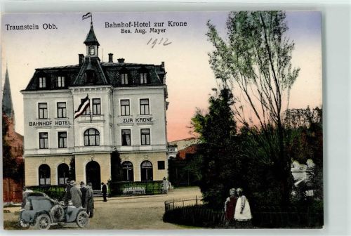 Traunstein Bahnhof-Hotel zur Krone Fahne Oldtimer Denkmal