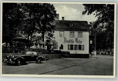 07973 O6600 Greiz-Dölau Foto AK Gasthaus Deutsche Eiche Motorrad Oldtimer-Cabrio BMW?