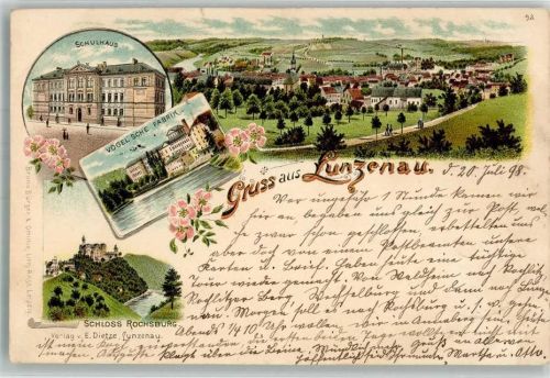 09328 O9293 Lunzenau 1898 Lithographie Schule Fabrik Vogel Schloß Rochsburg