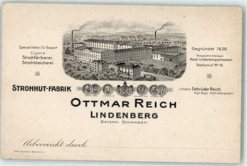 88161 W8998 Lindenberg i. Allgäu Gebrauchsspuren Strohhut Fabrik Ottmar Reich Visitenkarte