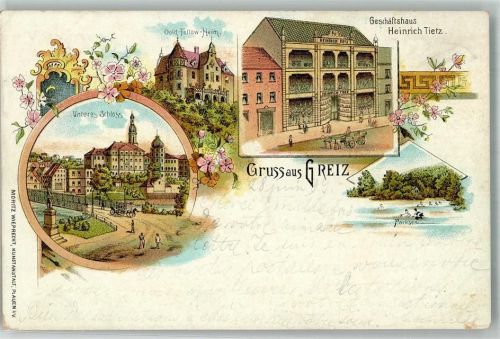Greiz 1899 Geschäftshaus Tietz Unteres Schloß Oold-Fellow-Heim Parksee