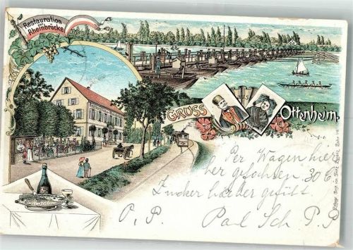 Ottenheim 1898 Schiffsbrücke Trachten Gasthaus zur Rheinbrücke Straßenbahn