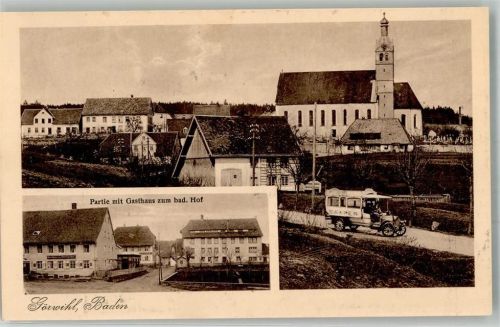 79733 W7883 Görwihl Gebrauchsspuren Gasthaus zum Badischen Hof Kirche Autobus
