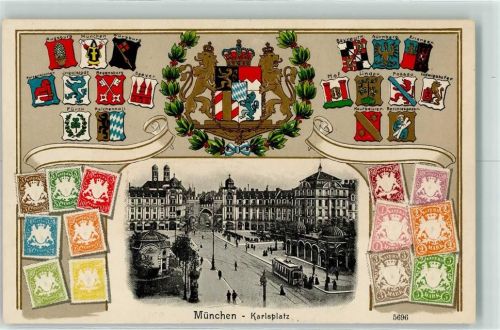 München Karlsplatz Litfaßsäule Straßenbahn Frauenkirche Briefmarken Wappen