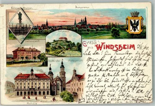 91438 W8532 Bad Windsheim 1900 Lithographie Hoheneck Amtsgericht Stadtkirche Stefanienstift Rathaus