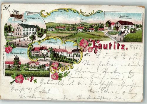 Lautitz 1907 Lithographie Postagentur Rittergut Gasthaus Storchnest-Ansicht Eckbug