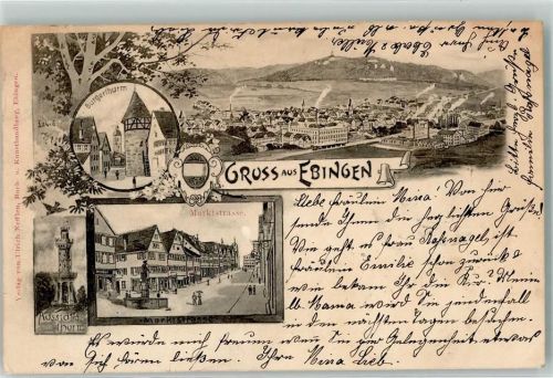 72458 W7470 Ebingen , Württ Gebrauchsspuren Marktstraße Bürgerturm Museumsturm Lithographie