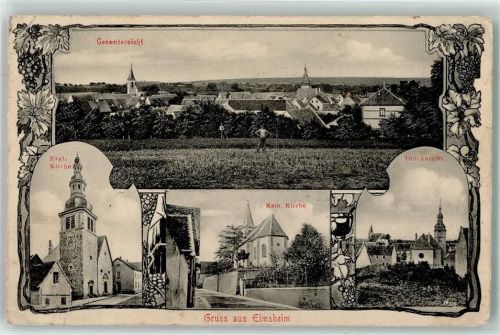 Eimsheim 1915 Ev. Kirche Kath. Kirche Reben Gruss