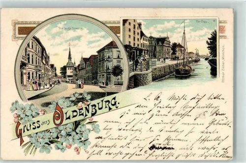 Oldenburg 1897 Die lange Straße Der Stau Gruss Kirche Schiff Blumen