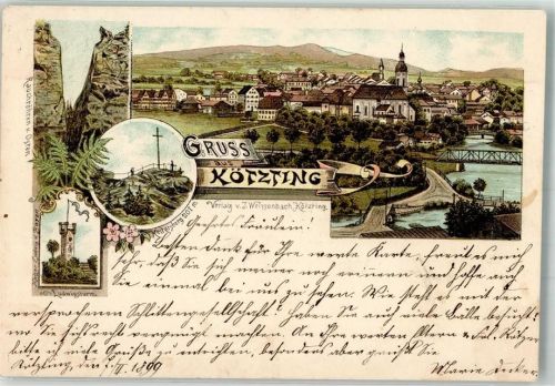 83339 W8224 Kötzing , Oberbay 1899 Lithographie Ludwigsturm Rauchröhren Keitersberg Gipfelkreuz