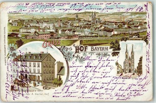 Hof 1900 Altstadt Kath. Kirche Fabrik Volksbazar Blumen Gruss
