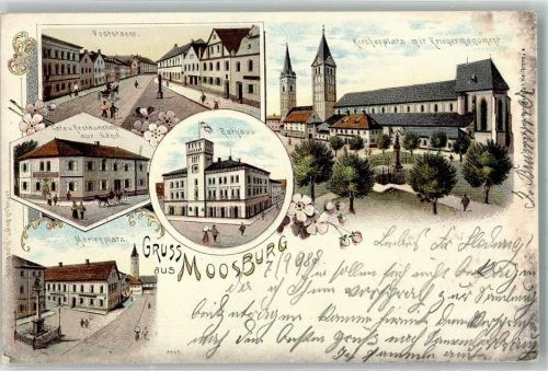 85368 W8052 Moosburg a d Isar 1898 Lithographie Rathaus Marienplatz Cafe-Gasthaus zur Länd Kirchplatz Kriegermonument