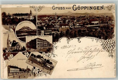 Göppingen 1897 Lithographie Latein- u. Realschule Heilanstalt Sauerbrunnen Oberhoven-Kirche Schloss
