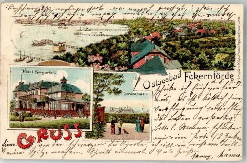 24340 W2330 Eckernförde 1899 Lithographie Hafen Hotel Seegarten Am Strand