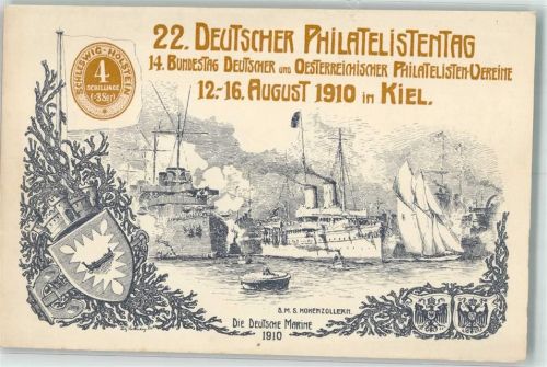 Kiel 1910 22. Deutscher Philatelistentag 1910 Wappen Kriegschiff Dampfer S.M.S. Hohenzollern