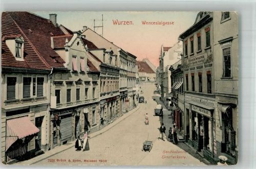 Wurzen 1903 Wenceslaigasse Geschäft Carl Jäckel handkolrierte Künstlerkarte