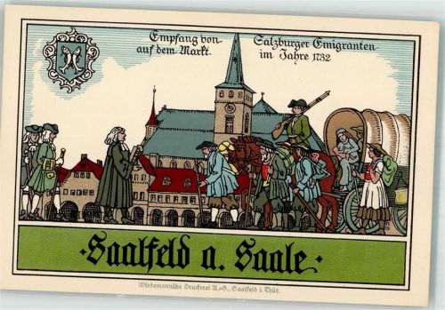 07318 O6800 Saalfeld , Saale - Steinerne Chronik Thüringens "Empfang von Salzburger Emigranten auf dem Markt" anno 1732 Wappen