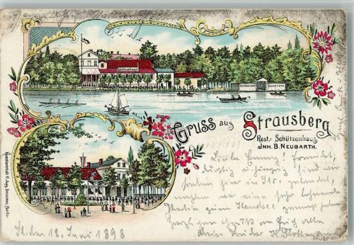 Strausberg 1898 Lithographie Gasthaus Schützenhaus Gartenwirtschaft