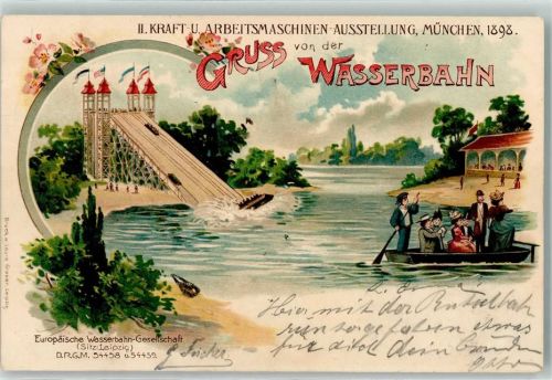 W8000 München II. Kraft- und Arbeitsmaschinen-Ausstellung Wasserbahn Privatganzsache 1898 Lithographie