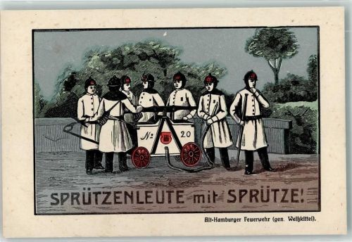 Hamburg Sprützenleute mit Sprütze Feuerwehr Weißkittel
