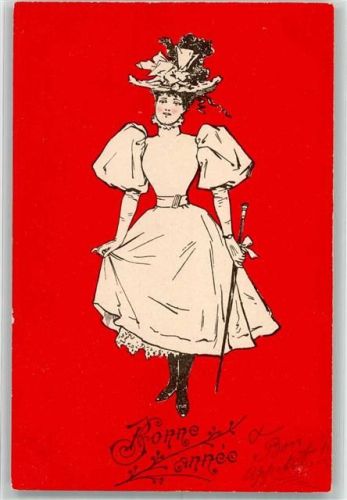 Frau im eleganten Kleid mit opulentem Hut und Gehstock