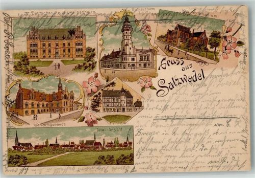 Salzwedel 1900 Lithographie Gerichtsgebäude Probstei Kgl. Gymnasium IV. Deutsches Reichswaisenhaus Rarhausturm Stauchung