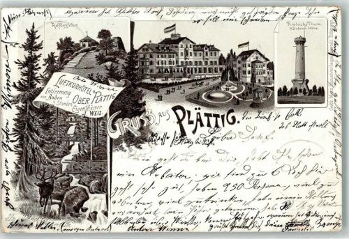 77815 W7580 Plättig , Baden 1898 Lithographie Rohlbergfelsen Friedrichs Turm a. Badener Höhe Gerklbach Wasserfälle Hirsch Luftkurhotel