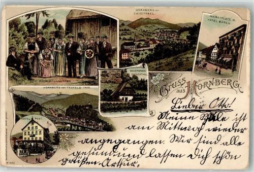 Hornberg 1899 Lithographie Hochzeitstrachten Teufelstritt Hotel Post Ziegetobel