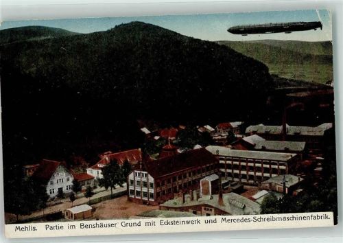 Mehlis 1918 Benshäuser Grund Ecksteinwerk u Mercedes-Schreibmaschinenfabrik Zeppelin Bahnpost Erfurt-Ritschenhausen Zg. 291