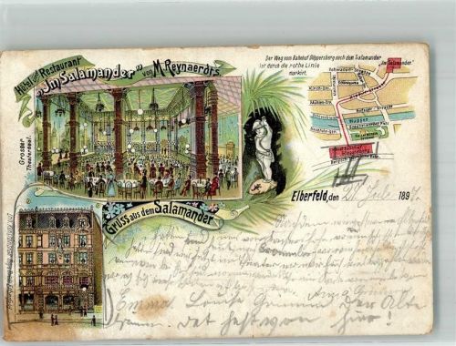 42103 W5600 Elberfeld 1897 Lithographie Hotel-Gasthaus Salamander Großer Theatersaal Straßenplan