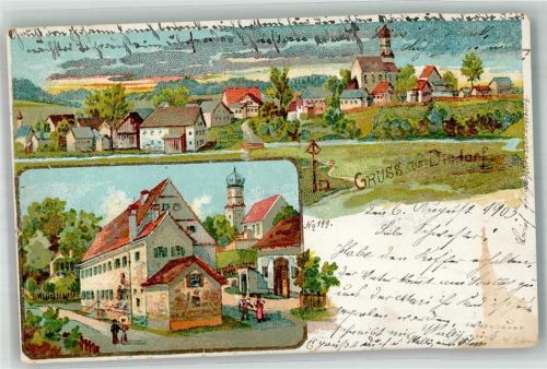 Diedorf 1903 Lithographie Kirche St. Bartholomäus Dorfhäuser