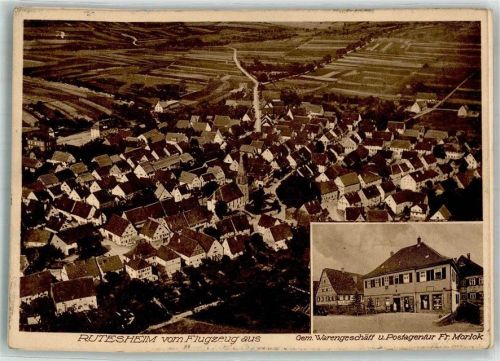 71277 W7255 Rutesheim 1931 KEINE AK Original aufmontierte Verlagsmusterkarten Fliegeraufnahme Gemischtwaren Morlok