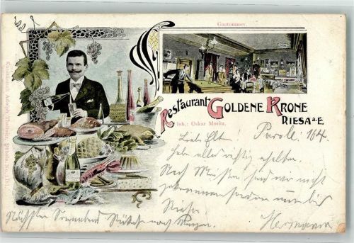 Riesa 1903 Gasthaus Goldene Krone Kellner Delikatessen Gastraum Billardtisch