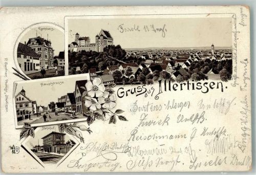 89257 W7918 Illertissen 1896 Lithographie Verläufer Druck um 1890 Vöhlinschloß Rathaus Bahnhof Hauptstraße Verlag Ottmar Zieher-München