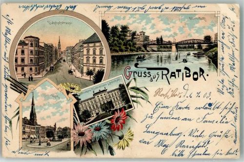Ratibor 1903 Lithographie Bahnhofstrasse Oderbrücke Schloss