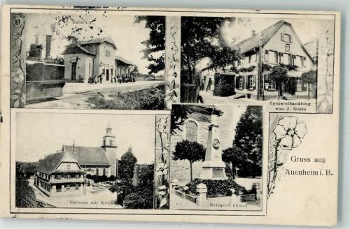 77694 W7640 Auenheim , Baden 1915 - Rathaus Kirche Kriegerdenkmal Bahnhof Spezerei Gnirs Felpoststempel Erh. I