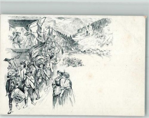 Trachten Festzug Musikanten Schützen Vorläufer Lithographie / Künstlerkarte