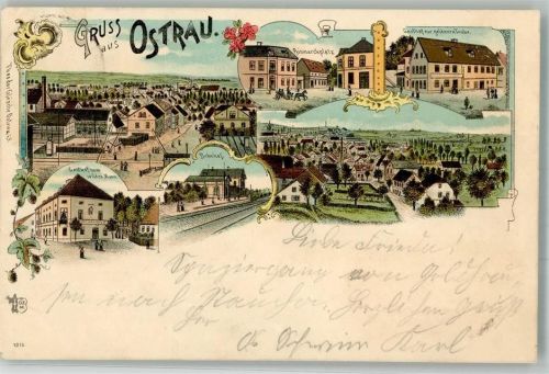 04749 O7303 Ostrau , Sachs 1900 Lithographie Bismarckplatz Bahnhof Gasthaus zum Wilden Mann