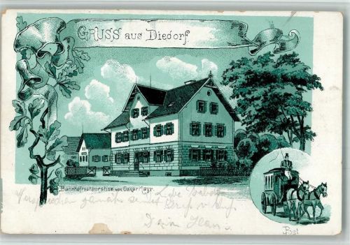 86420 W8901 Diedorf , Schwab 1903 BOAKC Lithographie Bahnhofrestauration Gasthaus Oskar Mayr Postkutsche