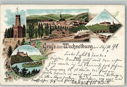 09306 O9295 Wechselburg 1896 Lithographie Reichsburg Turm zu Rochlitz Bahnhof