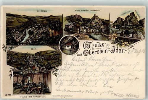 55743 W6580 Idar-Oberstein 1903 Lithographie Neues Schloss Felsenkirche Achatschleife
