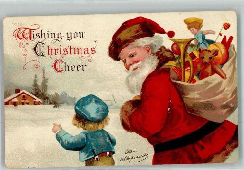 Merry Christmas Spielzeug im Sack , Teddybär Puppen sign. Clapsaddle Ellen H. (E.H.C.) Weihnachtsmann 1911 Künstlerkarte
