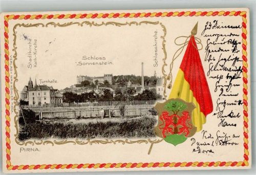 Pirna 1902 Passepartoutkarte Schloss Sonnenstein Turnhalle Stadtkirche Schlosskirche Fahne Stadtwappen Passepartout
