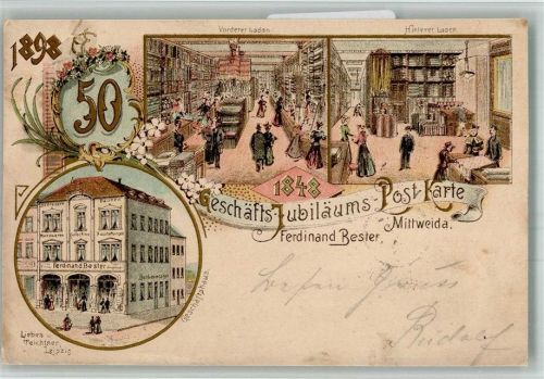 09648 O9250 Mittweida 1898 BOAKC Lithographie Geschäfts-Jubiläums-Postkarte zum 50. Jahrestag Geschäftshaus Ferdinand Bester
