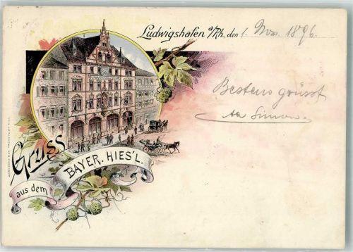 Ludwigshafen 1896 Lithographie Gasthaus Bayer. Hies'l Kutsche