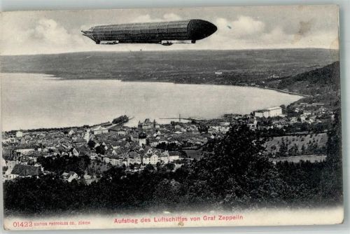 Bregenz 1910 Luftschiff Graf Zeppelin über der Stadt + Bodensee