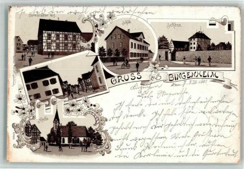 Bingenheim 1902 Gasthaus Darmstädter Hof Schule Schloss Kirche Lithographie