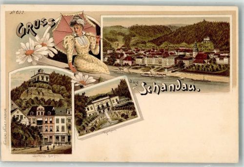 01814 O8320 Bad Schandau Lithographie Kurhaus Schloss Bastei Dame mit Sonnenschirm