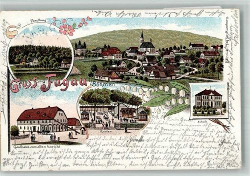 Sluknov 1901 Fugau Gasthaus zum alten Gericht Schule Kirche Forsthaus Lithographie